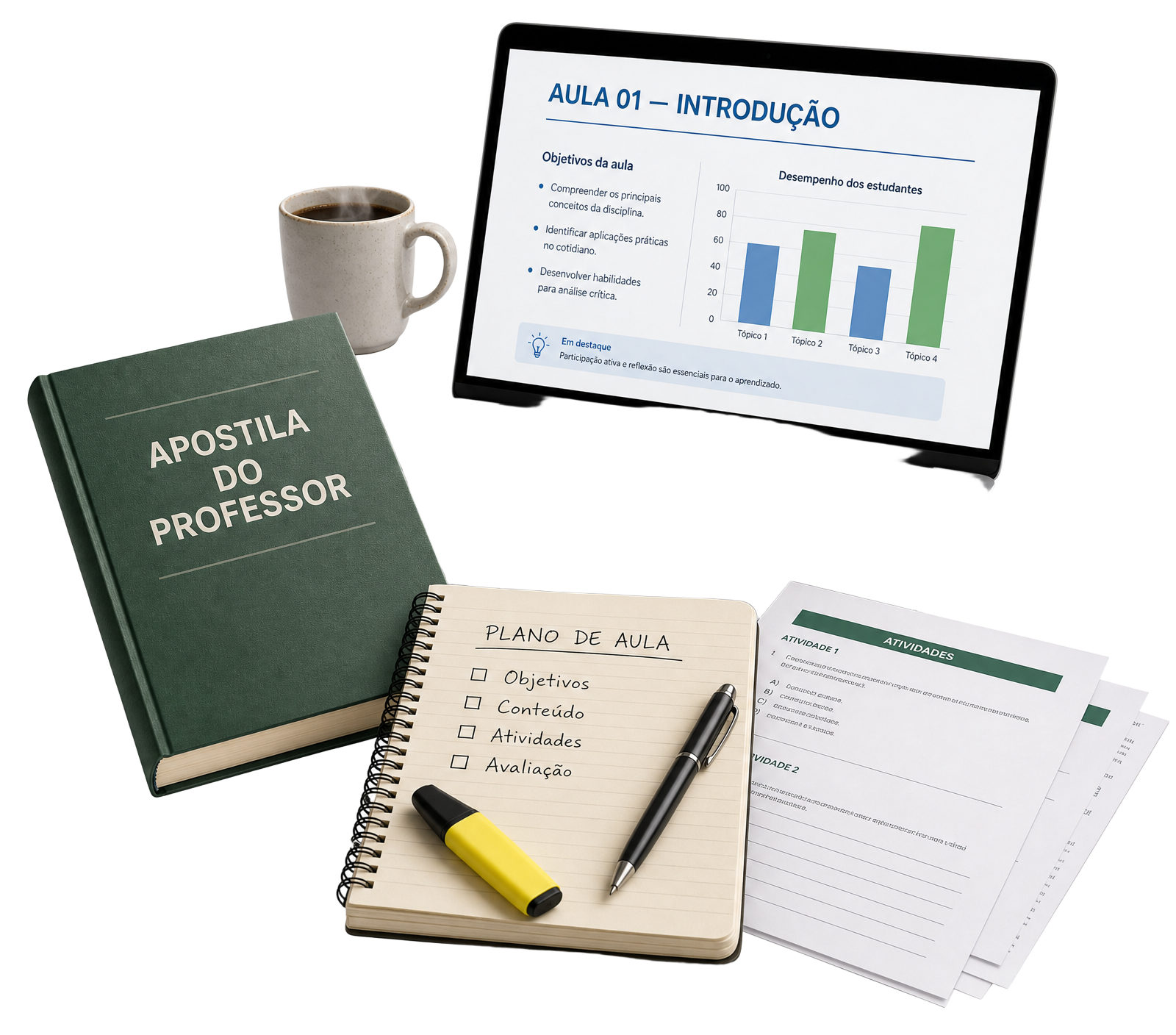 Mockup de apostilas, slides e planos de aula para professores
